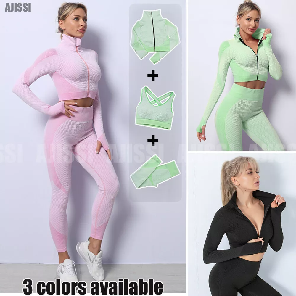 New Yoga 3 Pieces Set Women Gym Fitness Workout Sport Suit Leggings Top Bra