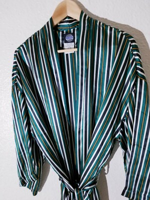 Vtg Isaco yellow green 100% Silk Satin Boat stripe M/L Smoking Robe Jacket Coat 