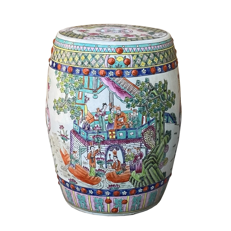 Vintage Oriental Famille Rose Mixed Color Porcelain Round Stool Ottoman cs7386 - Image 3 of 4