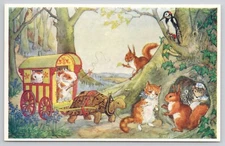 Postcard The Visitors Anthropomorphic Dressed Animals Molly Brett Medici  Vtg