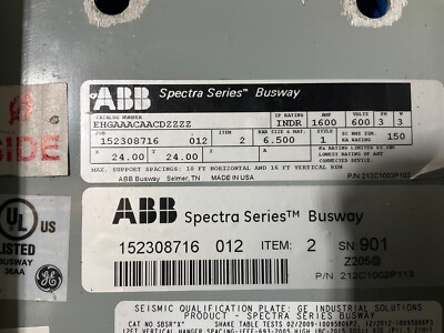 ABB EHGAAACAACDZZZZ 1600 Amp 600 V 3 Ph 3 W Busway Spectra