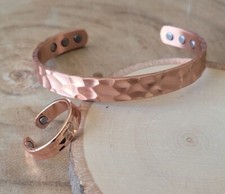Hammered Solid Copper Magnetic Bracelet Ring Set Arthritis Therapy Cuff Ring Set