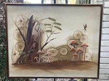 MCM Oil on Canvas Fantasy Mushroom Forest Nature Painting Signed Framed OOAK