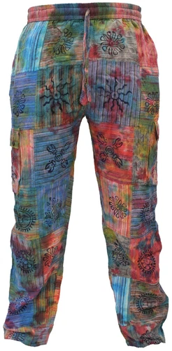 Mens Tie Dye Patchwork Colorful Hippy Cotton Funky Printed Cargo Pants