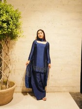 New Classy Natural Crepe Silk Salwar Kameez With Navy Blue Dupatta For Women