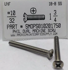 #10-32x1-3/4 Oval Head Phillips Machine Screws Stainless Steel (15)