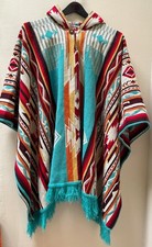 Alpaca Wool Hooded Poncho with Aztec Style Pattern Fringe Teal Red