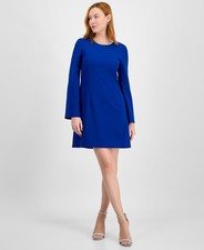 Tahari ASL Rhinestone Trim Shift Dress Women's 14 Cobalt Long Sleeve Zip/Button