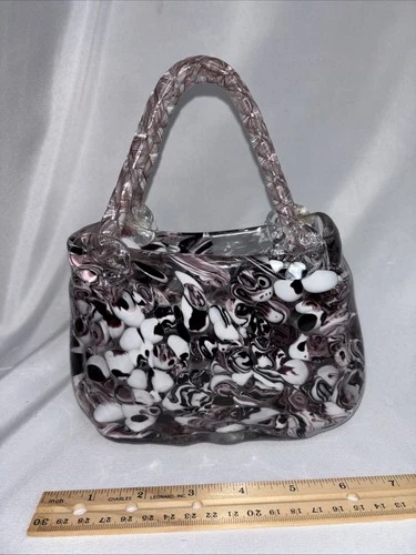Vintage Murano Style Hand Blown Glass Purse Vase Purple White Swirl Art Glass