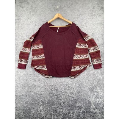 Free People Mixed Media Top Medium Burgundy Boho Fair Isle Knit Oversized Scoop