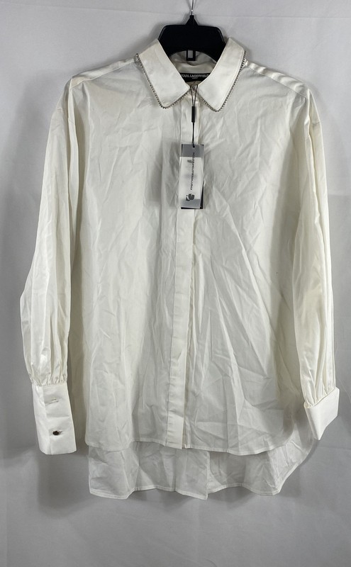 Karl Lagerfeld Paris Women's White Cotton Blouse Rhinestone Collar NWT Sz S