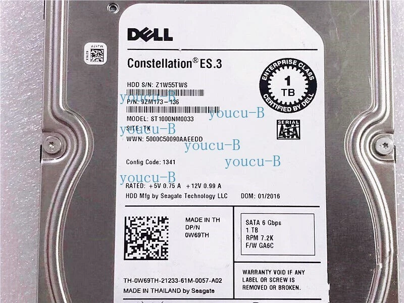 DELL W69TH ST1000NM0033 Constellation 1TB 7.2K RPM 3.5" SATA Hard Drive - Image 2 of 4