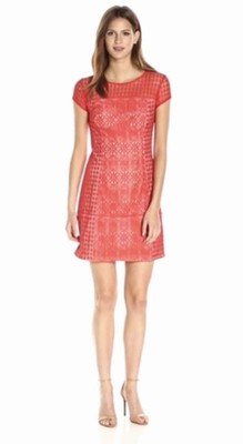 Stella Red Lace Overlay Shift Dress Size 6 8 Cap Sleeve Flattering Party RRP$119