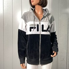 Fila Women's Color Block Big Logo Velvet Velour Full Zip Hoodie Sz L