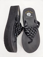 Yellow Box sz 7.5 CANDELA BLACK Stone Bling Flip Flops Wedge Sandals Preowned