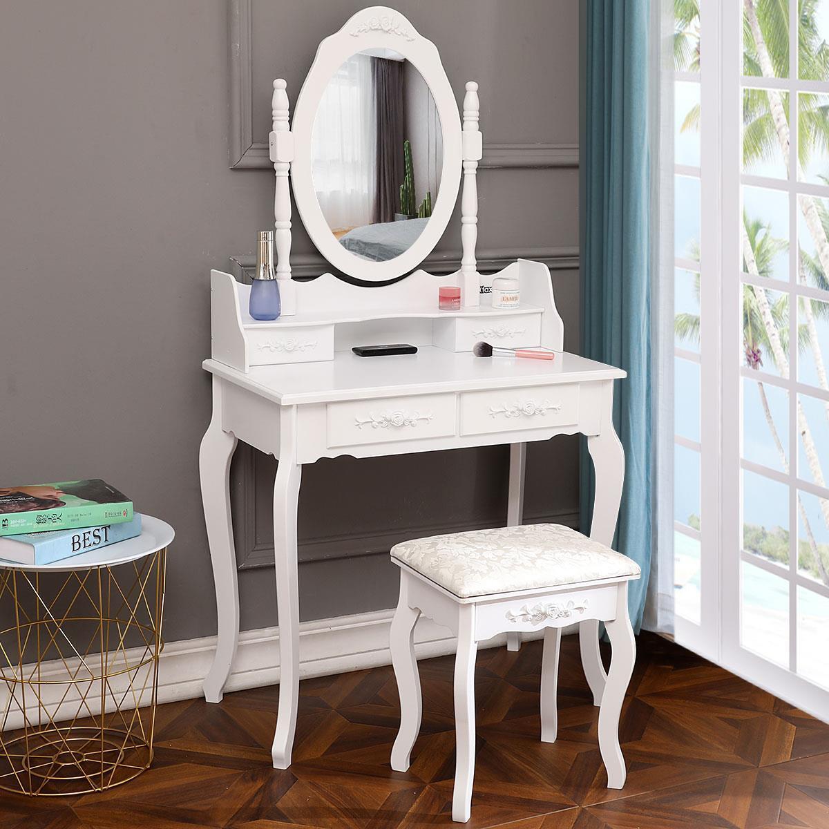 White Vanity Dressing Table Set With Mirror Stool 4 Drawers Makeup Desk Bedroom