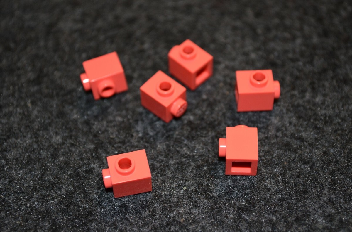 6) 1x1 Vibrant Coral (peach) Brick with Peg Connector on 1 - Side