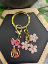 3" Gold-tone Cat Flower Enamel Charm Keychain New Free Ship B4072