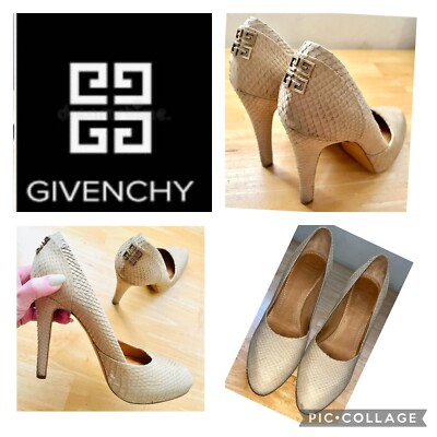 GIVENCHY Italy Tan Snake Leather Gold Logo Heels 5” Pumps