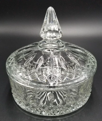 Clear Depression Glass Princess Diamond Pattern Candy Dish With Lid