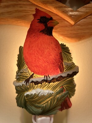 Christmas Plug In Resin Night Light Red Cardinal On Pine Branch  5.5'' Tall