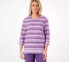 Denim & Co. Active Striped French Terry 3/4 Shirt Purple XXS New