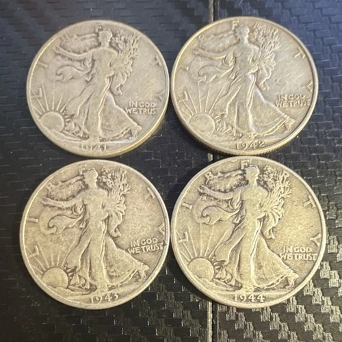 Liberty Walking Half Dollar 1941, 1942, 1943, & 1944 Silver 4 Coins