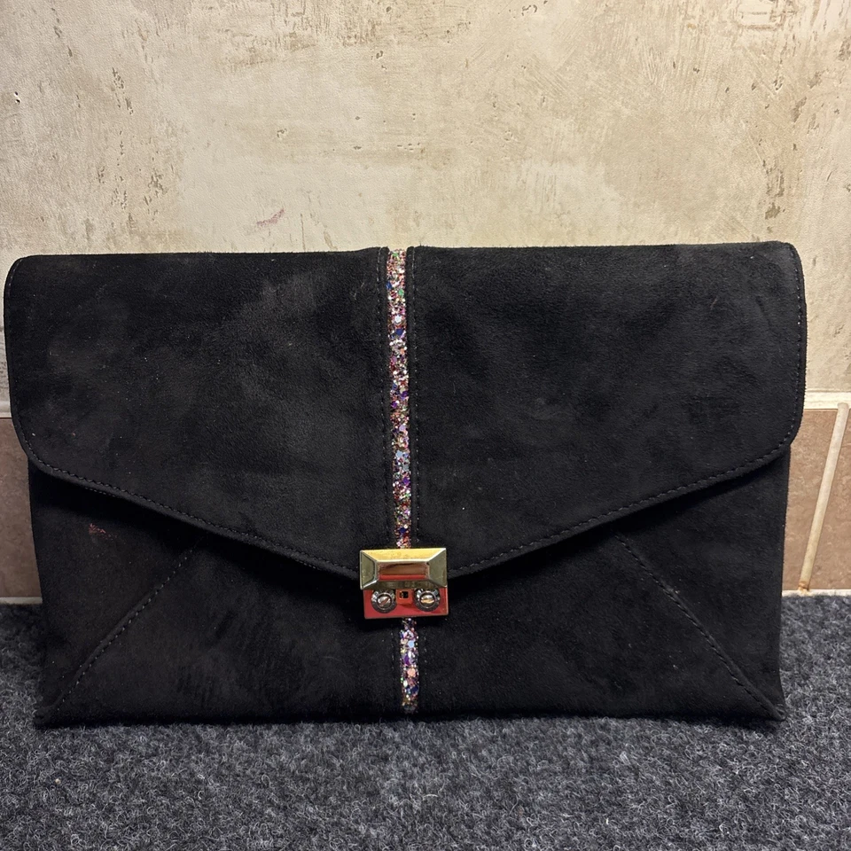 Bolso clutch Henri Bendel negro gamuza multicolor bling dorado herrajes Foto 2 de 4