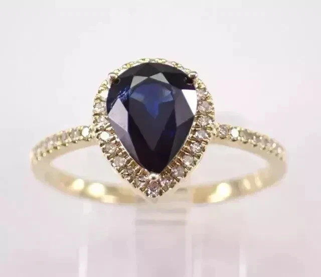 2.75 Ct Pear Cut Blue Sapphire Halo Wedding Ring 14K Yellow Gold