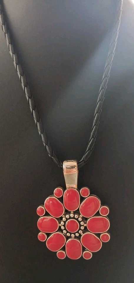 Collar Flor Rojo Azul Teal Colgante Esmalte Reversible Premier Designs 18" Foto 2 de 4