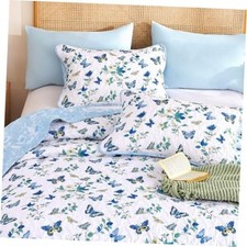 Floral Quilt Set Queen Size, 3 Pieces Blue Queen 96"x 90" Blue Butterfly