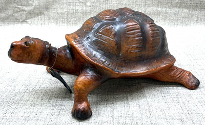 Leather Turtle Tortoise Figurine Glass Eyes Nautical Decor Ocean Sea Large