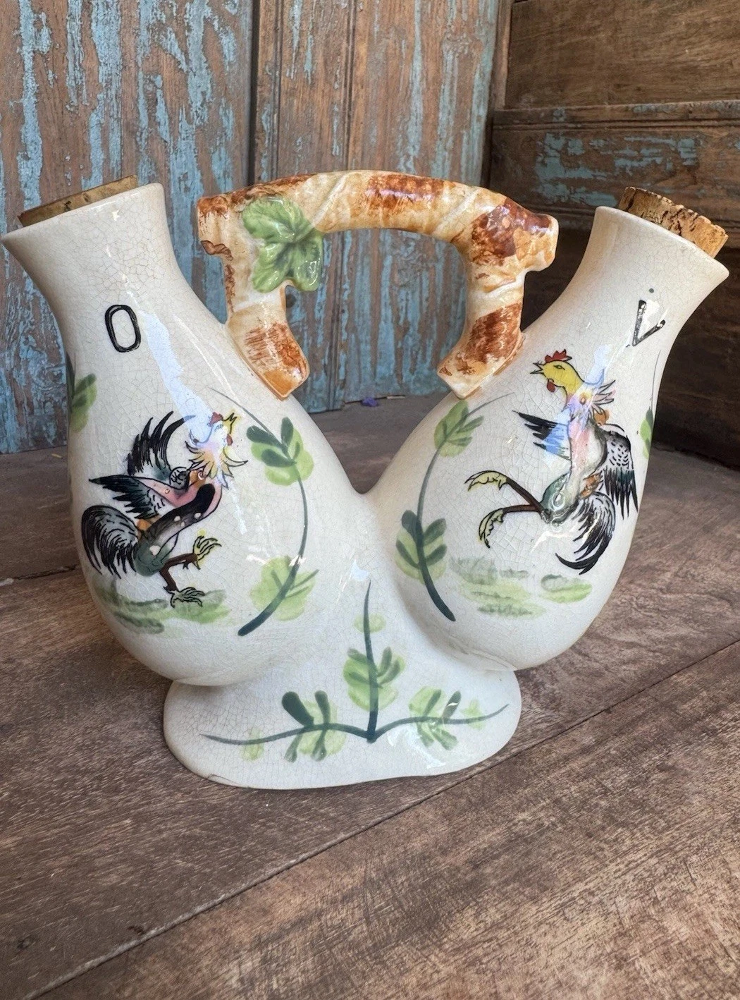 Vintage Oil And Vinegar Double Necked Ceramic Bottle