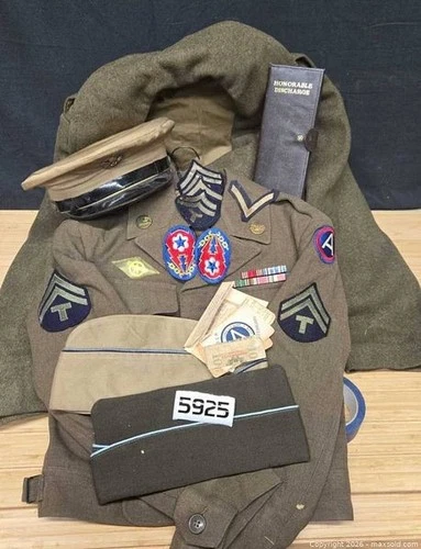 Vintage WWII military long wool coat, ribbon, Army visor hat, Discharge papers