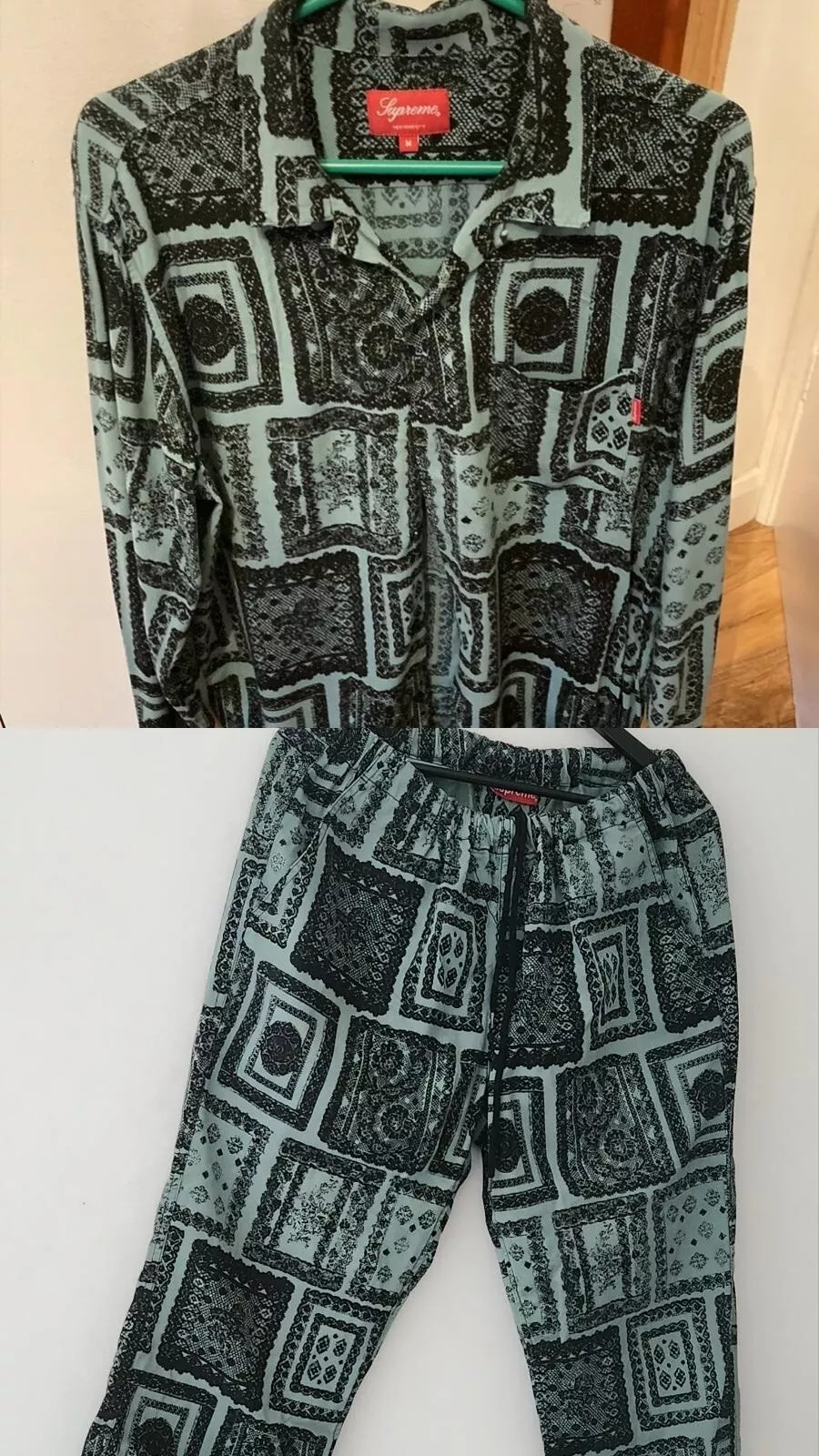 SS17 Supreme Schnürsenkel Baumwolle Hose+Viskose Hemd Größe M Satz Grün Hose