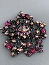Sparkling Pink Amazing Flower Floral Rhinestones Dark Black Brooch Pin