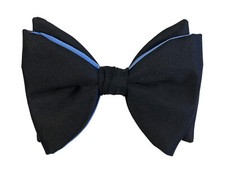 Vintage Black with Blue Trim Satin Bow Tie 1970s Oversized Butterfly Clip On