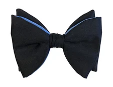 Vintage Black with Blue Trim Satin Bow Tie 1970s Oversized Butterfly Clip On
