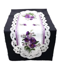 Doily Boutique Table Runner, Doily, or Tablecloth with Purple Pansy Flowers