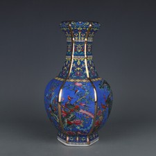 10.1" Good China Colour Enamels Porcelain Gild Flower Bird Six Sides Vases