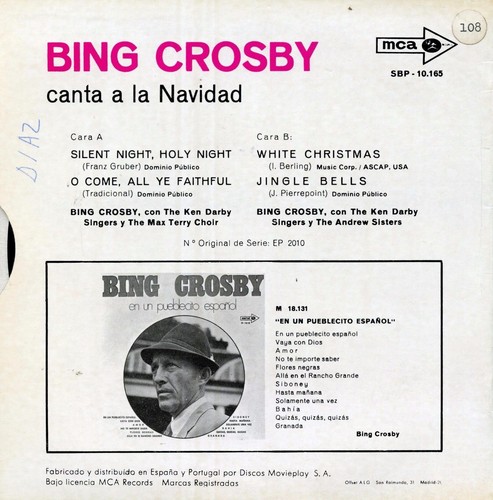 BING CROSBY / Canta Navidad, Christmas / MCA sbp-10.165 Press Spain 1970 EP EX - Picture 3 of 5