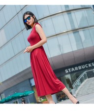 Women’s Red Dress bohemian Casual V neck Sleeveless Maxi long
