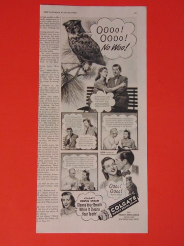 1946 Colgate Ribbon Dental Cream OWL Couple Give a Hoot art print ad