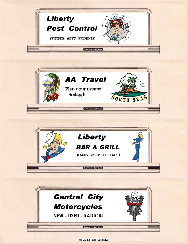 Roadside billboards HO or OO scale signs #21, AA Travel/Motorcycles/Bar & Grill