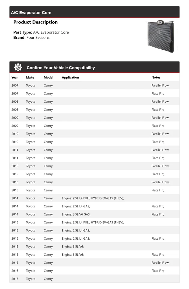 Núcleo evaporador aire acondicionado Toyota Camry 2007-2017 4 estaciones 2008 2009 2010 2011 Foto 2 de 4