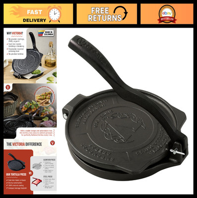 8-Inch Cast Iron Tortilla Press - Commercial-Grade Roti Maker, Seasoned, Black