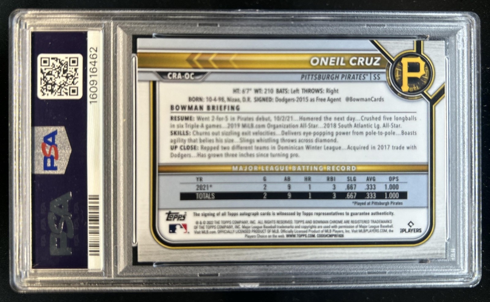 2022 Bowman Sterling Oneil Cruz Rookie Auto Gold Refractor RC #/50 Pirates PSA 6 view 2