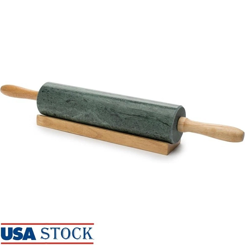 Elegant Marble Rolling Pin W/ Wooden Handles Non-Stick Baking & Cooking New