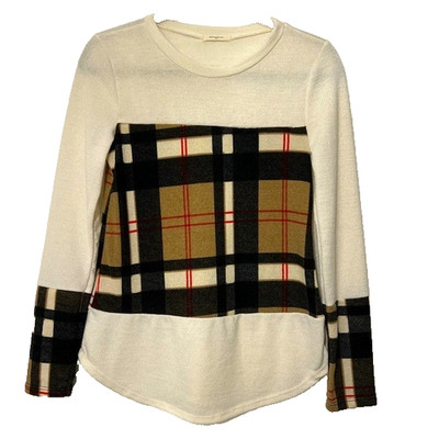 12PM by Mon Ami Sz S Plaid Cream Tan Block Long-Sleeve Sweater Blouse
