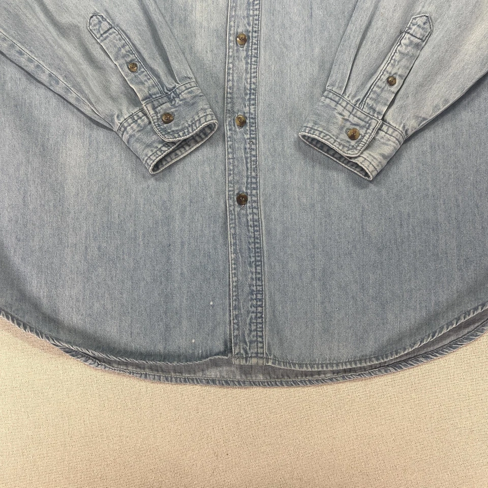 VTG Bugle Boy Company Shirt Mens XL Light Blue Denim Band Collar Button Crest - Image 4 of 4